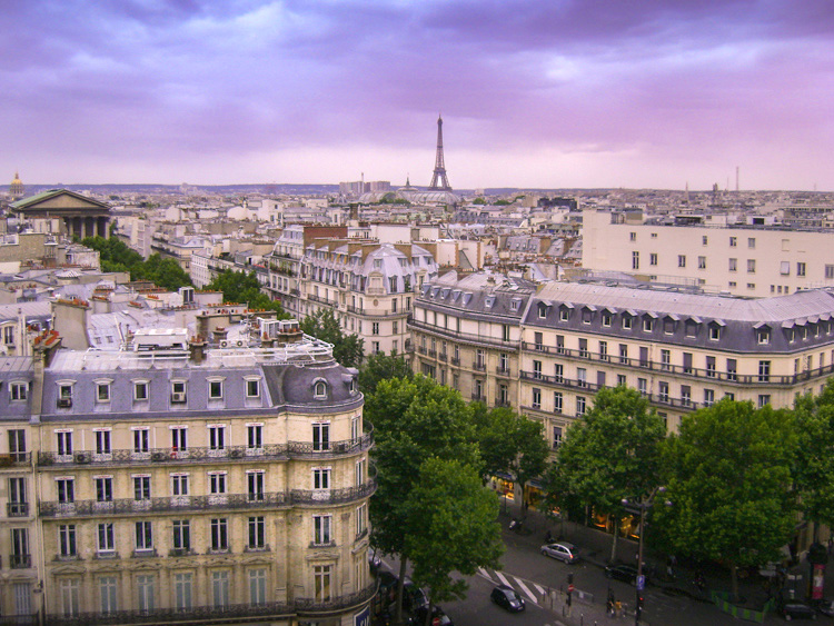 View of the Eiffel Tower from the Deli-Cieux café at Printemps Haussmann, Paris.